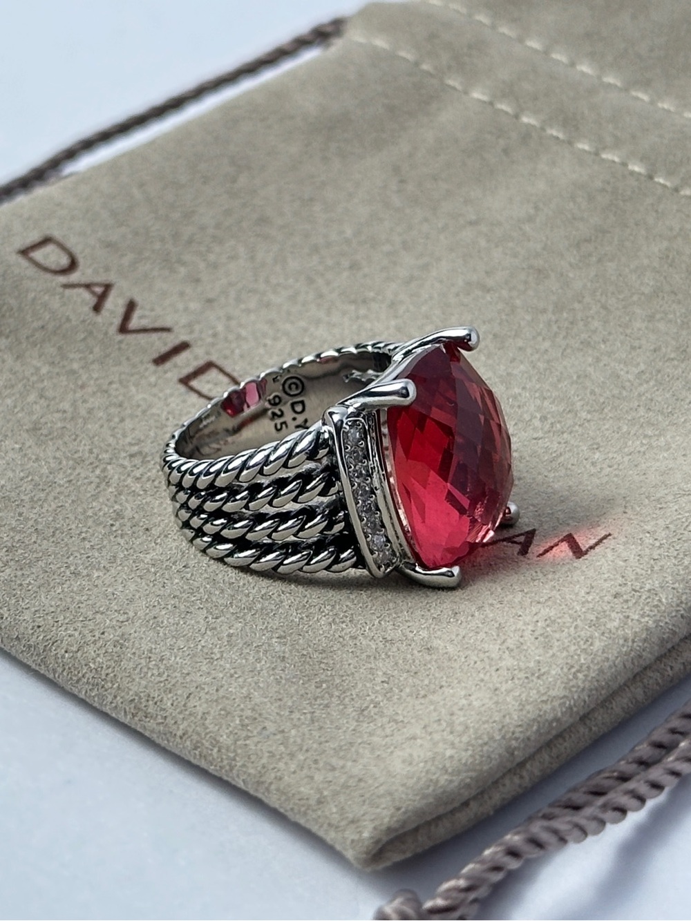 David Yurman Sterling Silver Wheaton Ring with Pink Tourmaline & Diamond Size 7